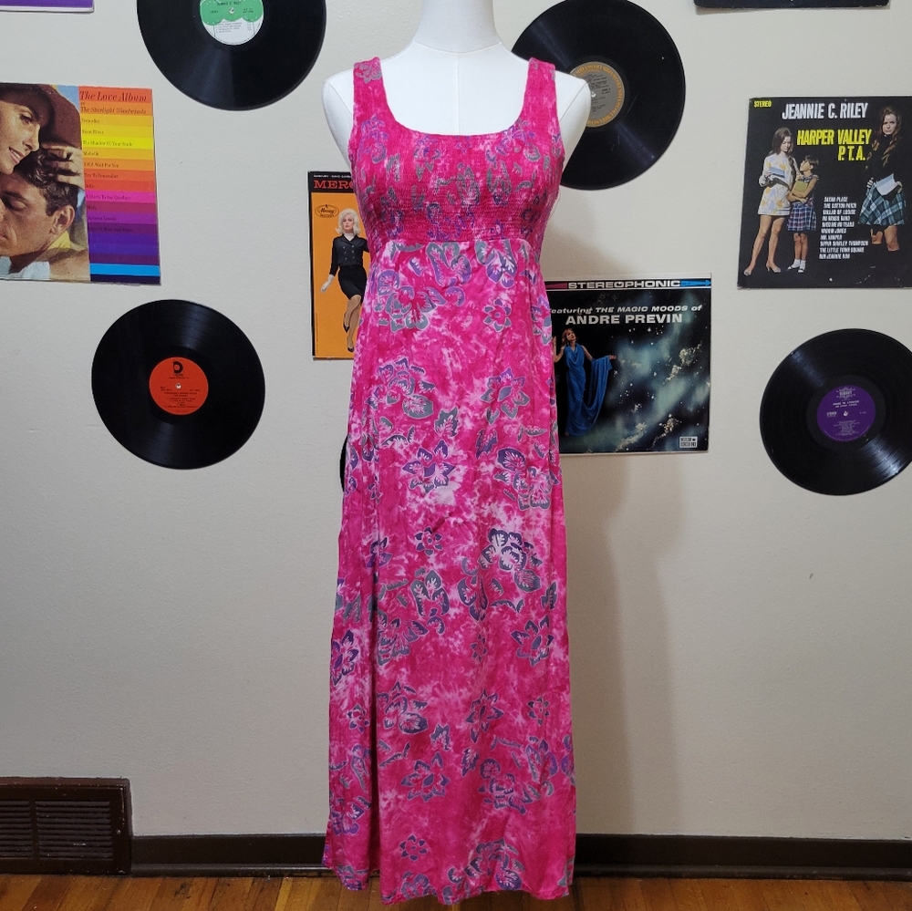 Far Away | Vintage Bright Pink Tropical Midi Dress